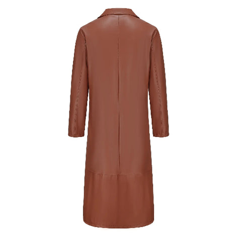 A long brown faux-leather coat shown from the back, featuring a smooth texture, notched lapels, and a central seam down 