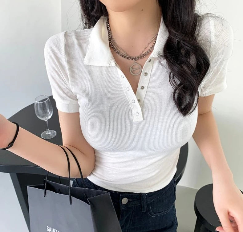 Polo Neck Shirt for Women Sexy Woman T Coquette Clothes Plain 100℅ Cotton Button Slim Korean Style with Collar Pretty Cheap Tops