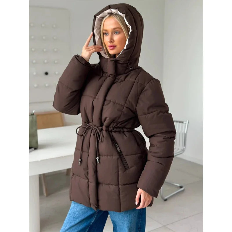 Brown Hooded Quilted Cotton Jacket Fashion Waist Cinch Drawstring Zip Pocket Warm Coat 2026 Women's Winter Casual Street Outfit
