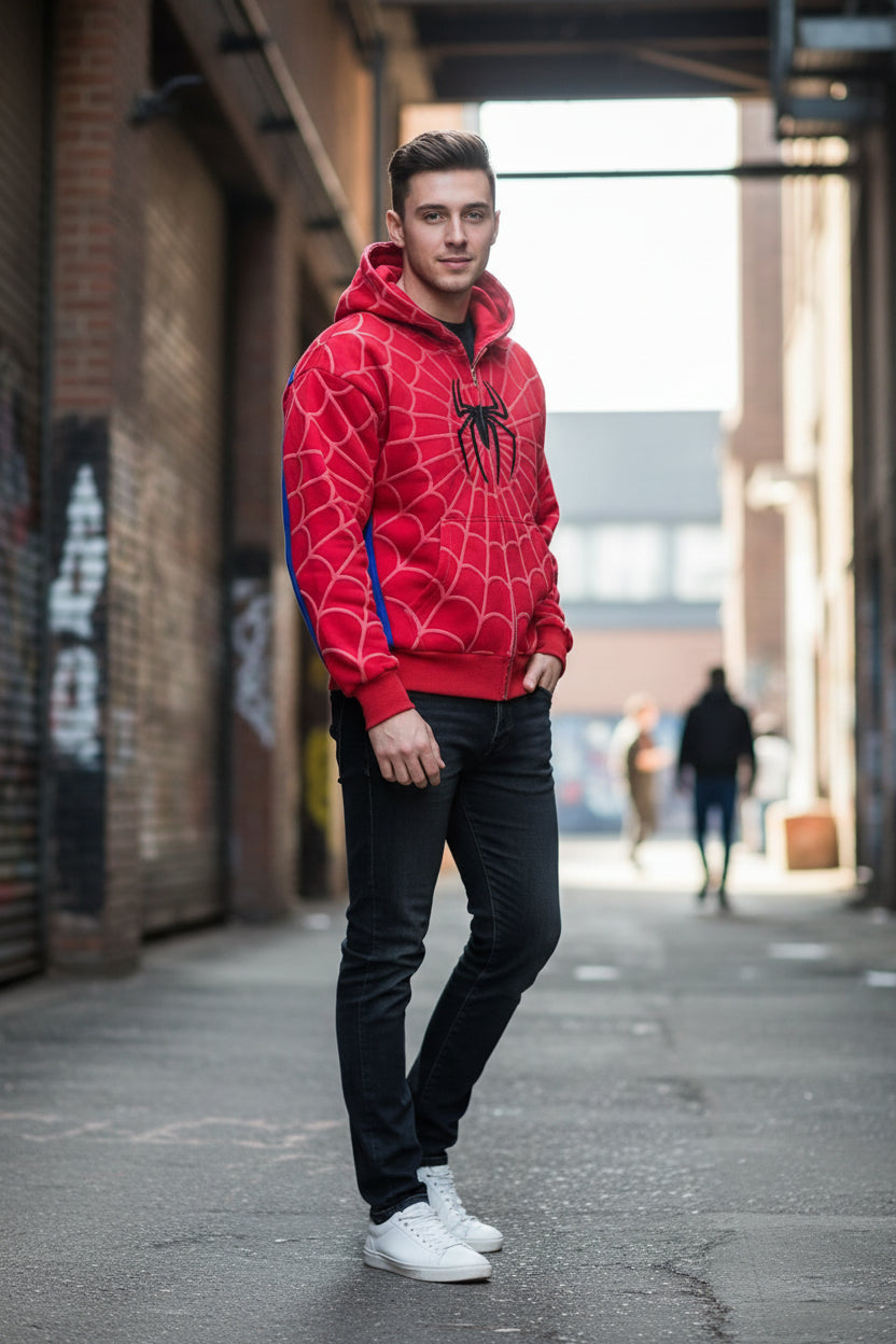 Red Spider-Man hoodie on a textured gray surface with 'EOW' in the background