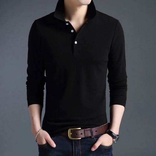 A man wearing a black long-sleeve polo shirt with a three-button placket