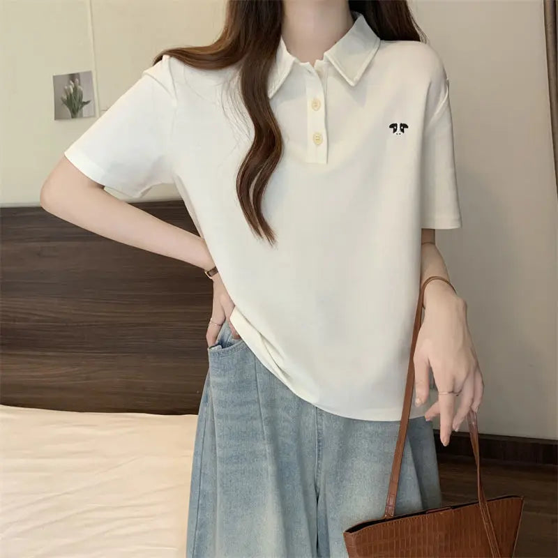 Pink Woman 100℅ Cotton Tshirt Embroidery Polo Neck T Shirt for Women Korean Clothing Y2k Fashion High Quality Youthful Elegant