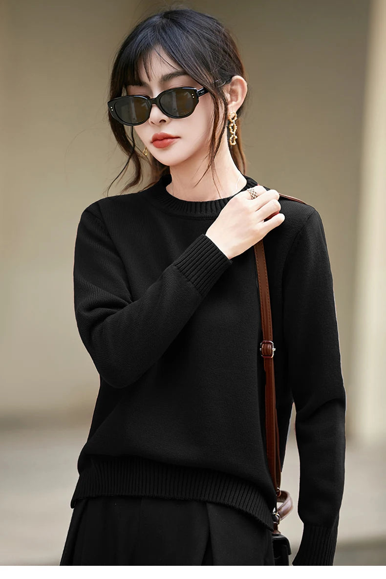 Women's autumn and winter 100% pure cotton knitted round neck soft pullover casual solid color warm sweater fashionable hot sell