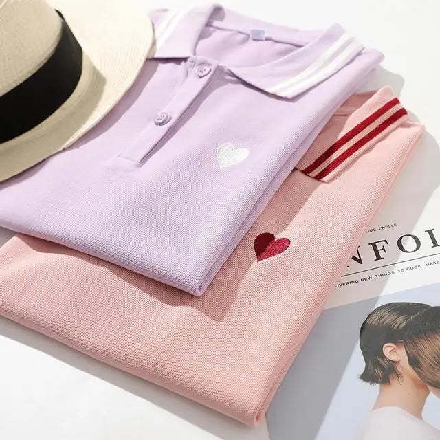 Polo Neck Shirt for Women100℅ Cotton  Woman T Embroidery Button Graphic Slim Korean Clothing Trend 2025 Youthful Elegant Style