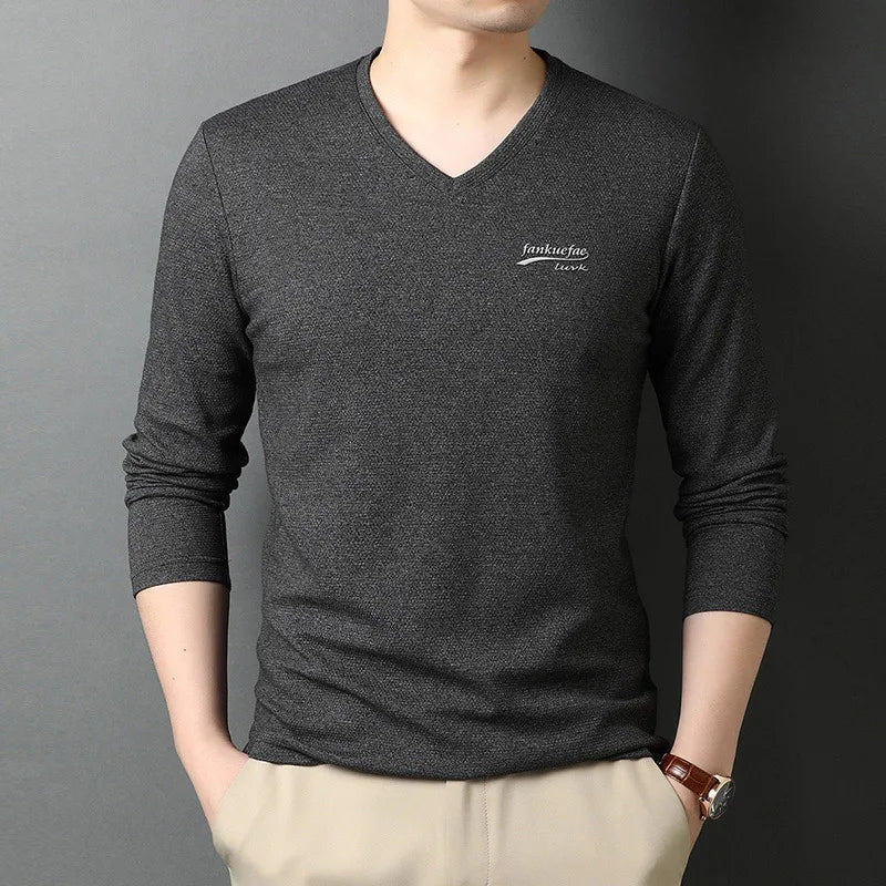Top Quality New Fashion Brand Solid Color Plain V Neck Long Sleeve t Shirt Men Cotton Casual Men Clothes 2025