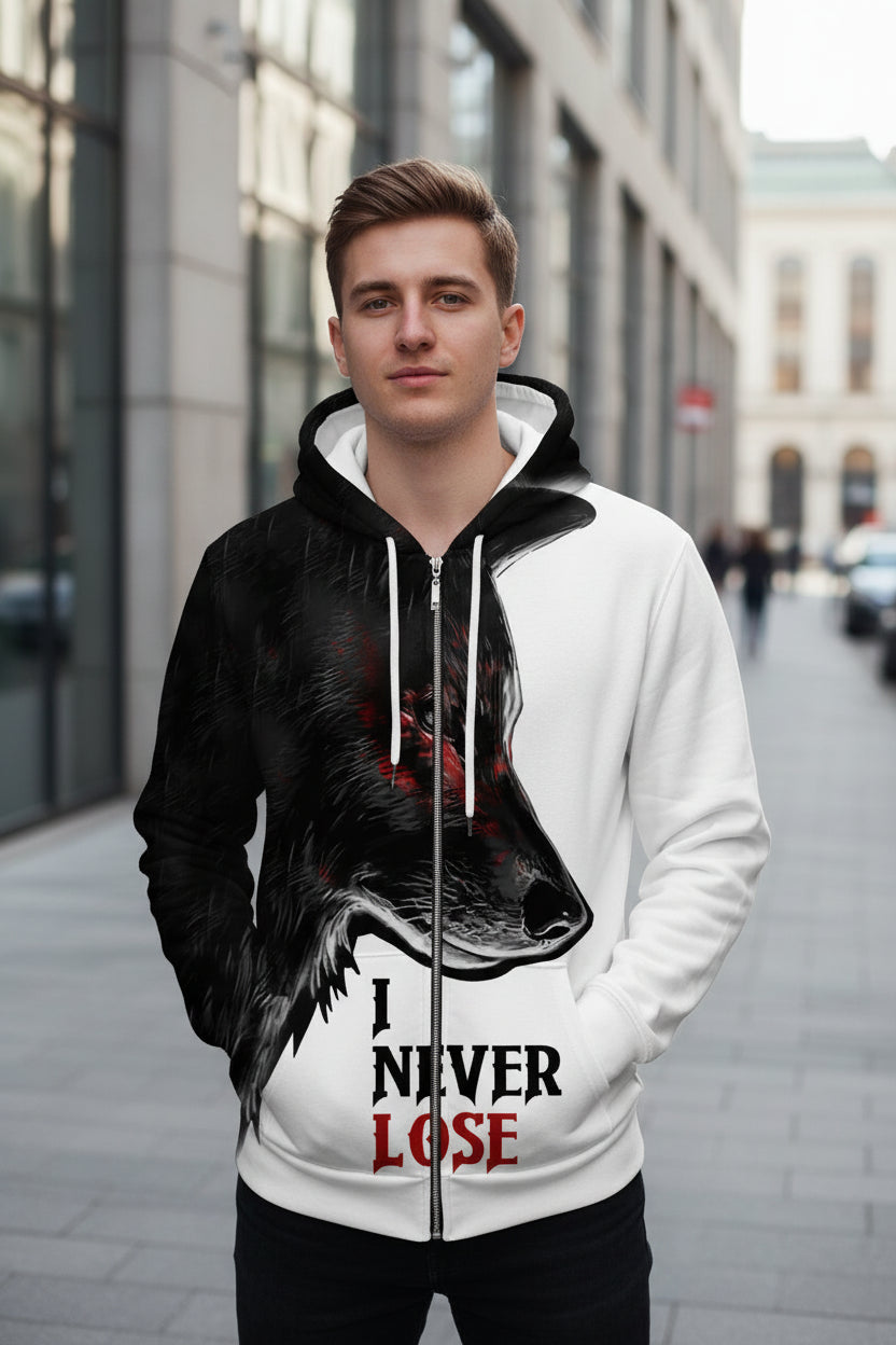 Hoodie with wolf design and 'I Never Lose' text on a white background