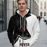 Hoodie with wolf design and 'I Never Lose' text on a white background