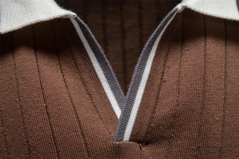 Men's Knitted Polo Shirt Summer Short Sleeve Striped Collar Casual Business Tops Brown With Striped Collar and Cuffs