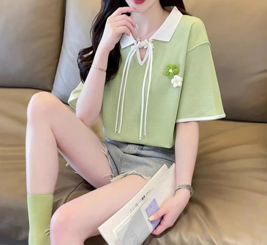 Contrast Color Baggy Woman Short Sleeve Tshirt Y2k Fashion Flower Summer Outfit Youthful Elegant New Polo Neck T Shirt for Women
