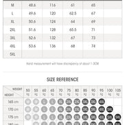 A size chart and size reference table for tops, showing measurements in centimeters for size M through 5XL, plus a height/weight chart. The header reads 'TOPS SIZE' and 'EXPLAIN: UNIT/CM'.