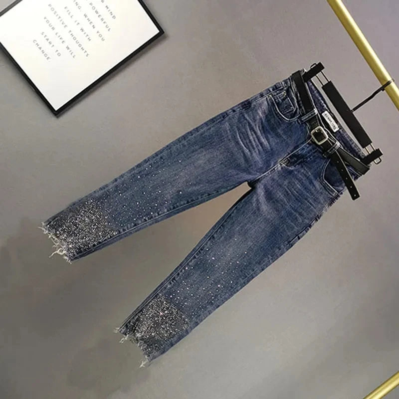 Heavy Industry Hot Diamond Jeans for Women 2026 Summer New Thin Slim High Waist Versatile Seven Point Jeans Female Casual Pants