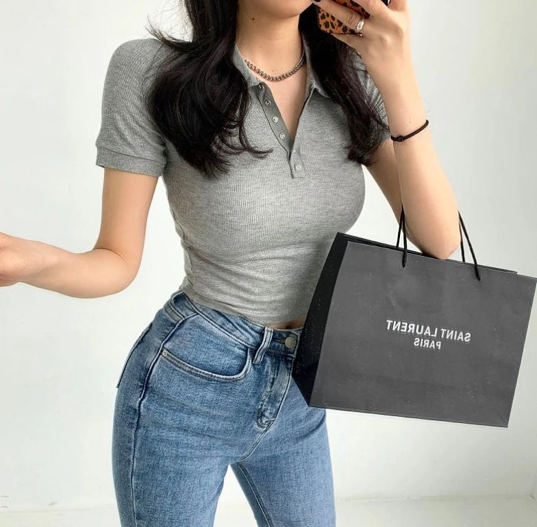 Polo Neck Shirt for Women Sexy Woman T Coquette Clothes Plain 100℅ Cotton Button Slim Korean Style with Collar Pretty Cheap Tops