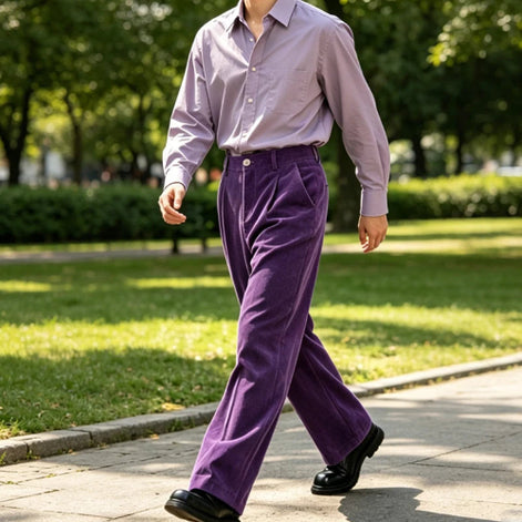 A man walking outdoors on a paved path in a park, wearing a light lavender button-up shirt and high-waisted purple corduroy trousers with black leather shoes.