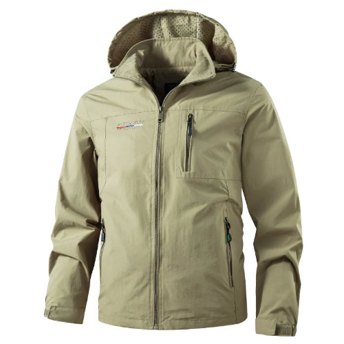 Beige jacket with a hood on a white background