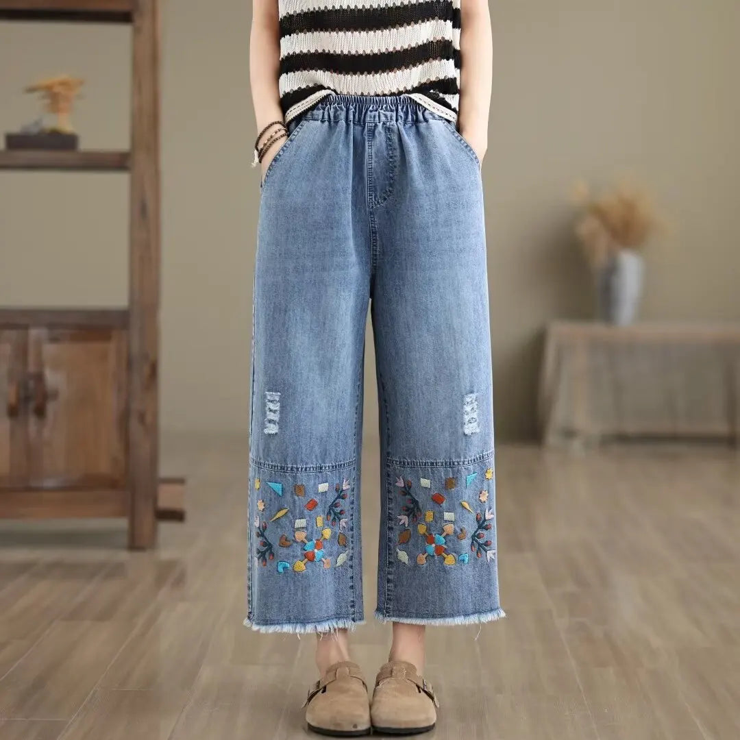 Spring Summer Ethnic Style Vintage Floral Embroidery Denim Wide Leg Pants Women High Elastic Waist Hole Casual Straight Jeans