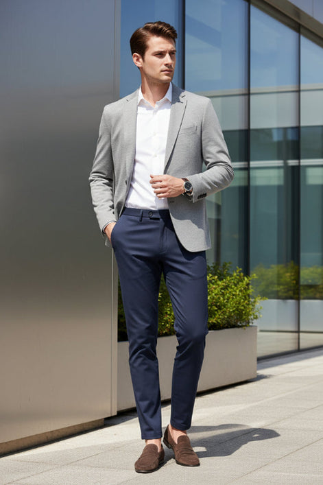 A pair of dark slate blue trousers hanging on a black hanger against a light gray background with a dramatic diagonal shadow.