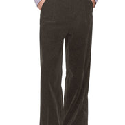 A person wearing dark brown corduroy wide-leg trousers, styled with a light purple off-the-shoulder shirt and black shoes, shown from the waist down on a white background.