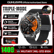 Smartwatch with features highlighted on a promotional graphic for GUHUAVMI.