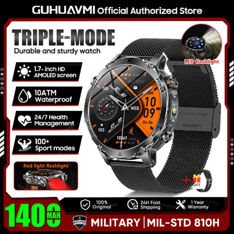 Smartwatch with features highlighted on a promotional graphic for GUHUAVMI.