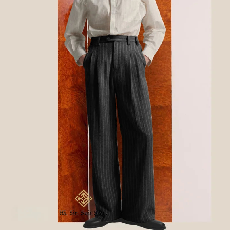 Men's Striped Dress Pants Old Money Wide Leg Baggy Pleated Casual Pinstriped Trousers Loose Fit Elastic Waist Vintage Slacks