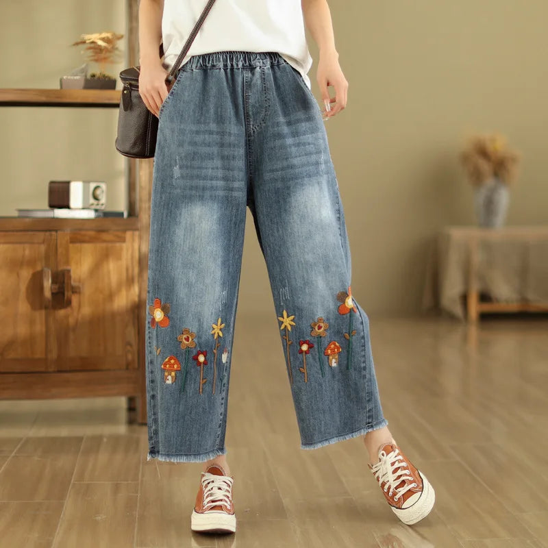 Spring Summer Ethnic Style Vintage Floral Embroidery Denim Wide Leg Pants Women High Elastic Waist Hole Casual Straight Jeans