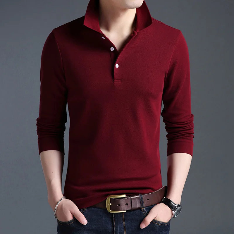 Top Grade New Fashion Men Polo Shirt Solid Color Slim Fit Polo Men Long Sleeve Mercerized Cotton Casual Polos Shirt Mens M-4XL