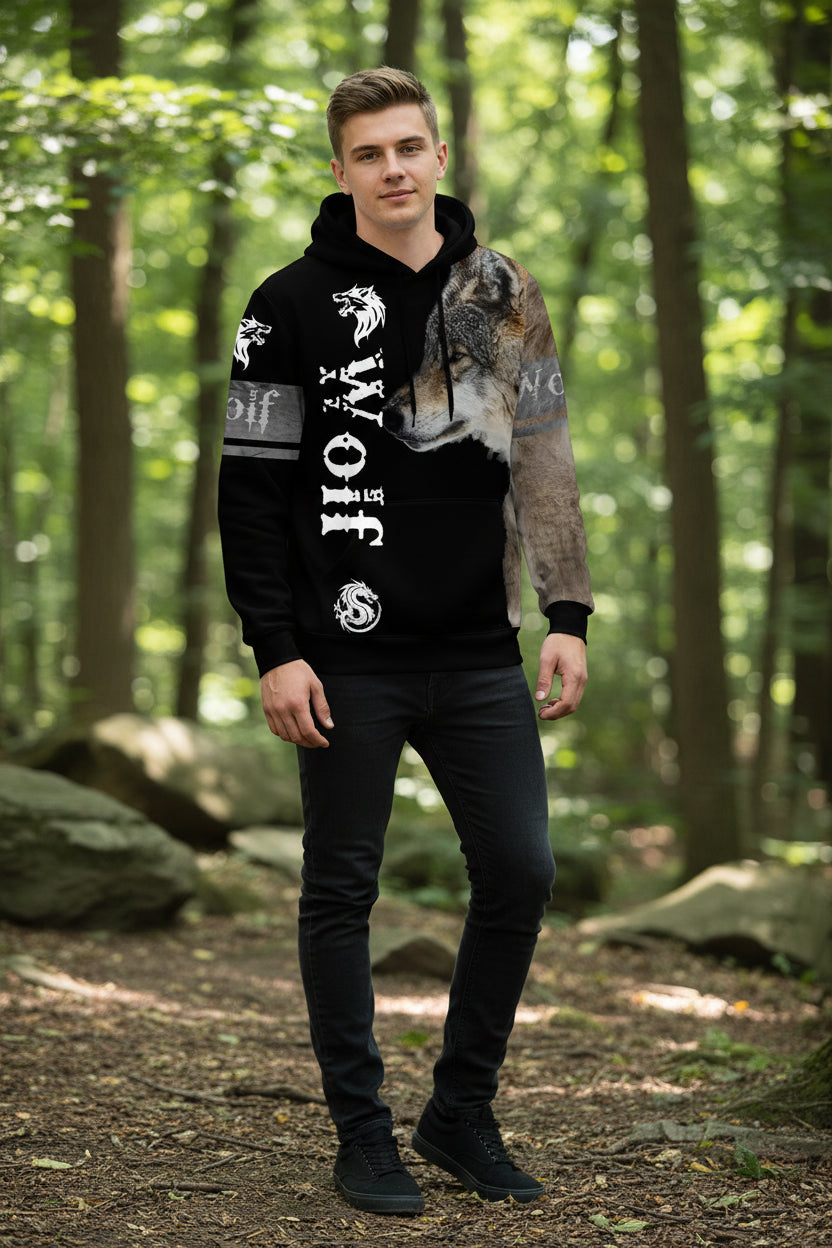 Black hoodie with a wolf design and visible branding on a white background