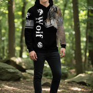 Black hoodie with a wolf design and visible branding on a white background