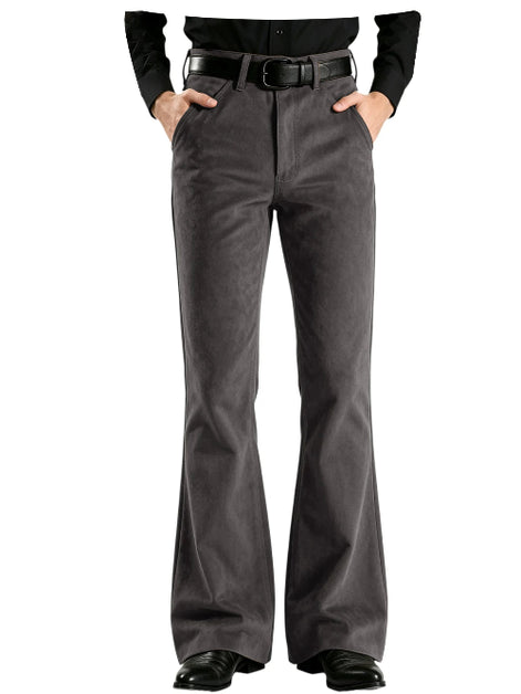 A person wearing dark gray flared pants with a black belt, paired with a black top and black shoes, shown against a plain white background.