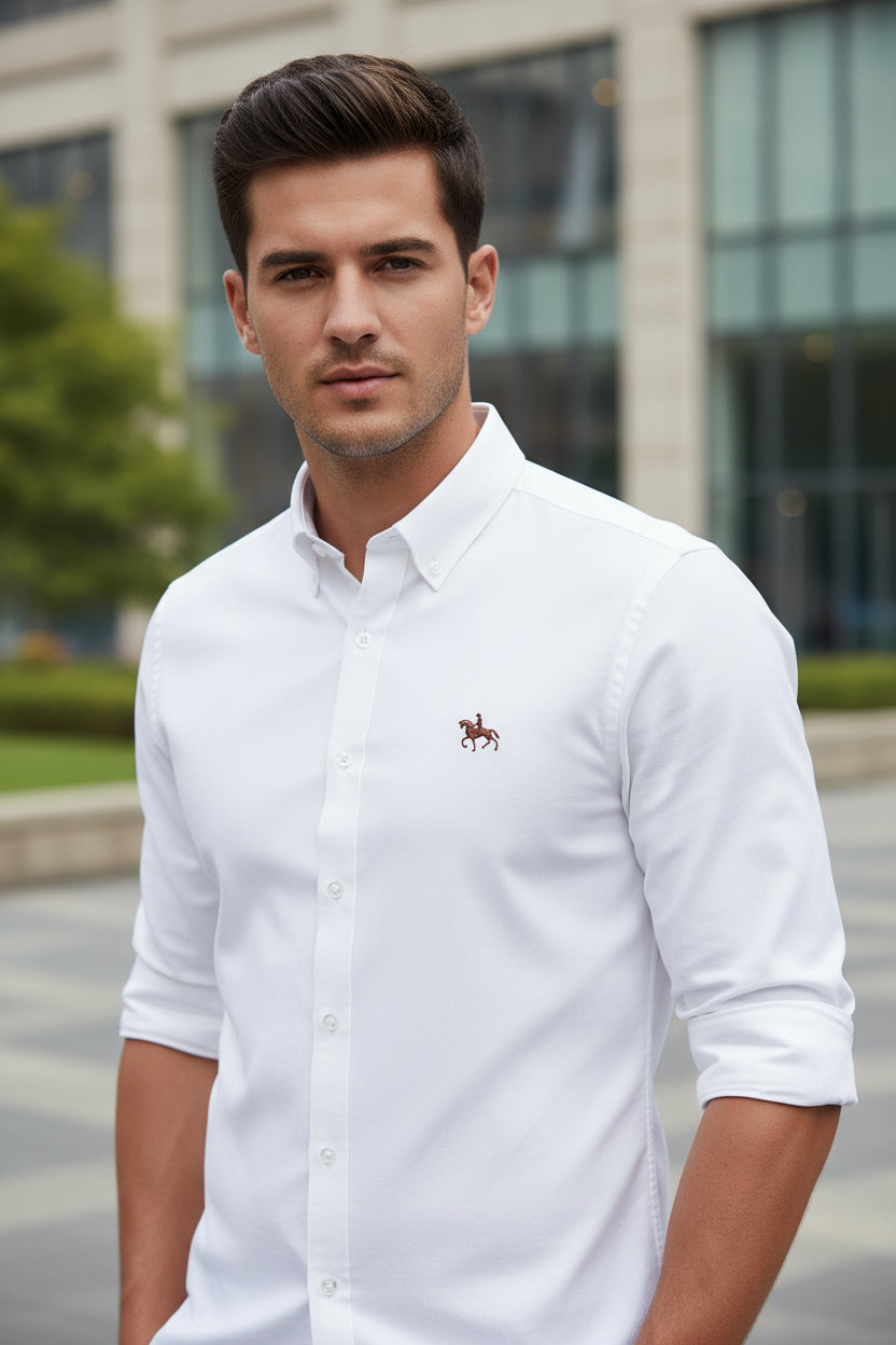 White dress shirt with a brand logo on a white background