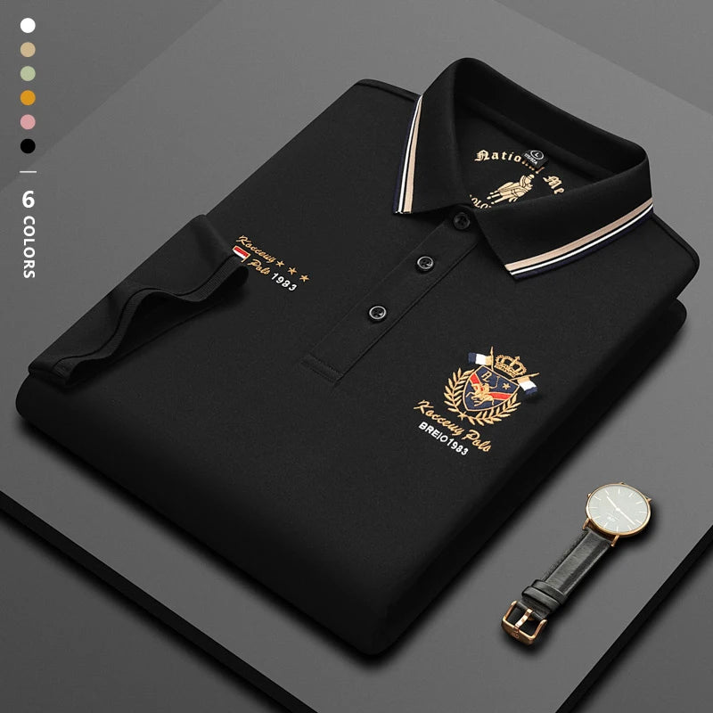 Classics Shield Badge Embroidery Polo Shirt Men Summer Thin Breathable Lapel Short-Sleeved Tops Golf Shirt Male Brand Clothing