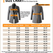 A size chart and pre-purchase guide for a women's blazer, showing a front and back view of the jacket with labeled measurements and a table of measurements by size from XS to 7XL.