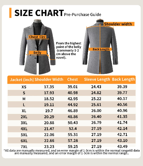 A size chart and pre-purchase guide for a women's blazer, showing a front and back view of the jacket with labeled measurements and a table of measurements by size from XS to 7XL.