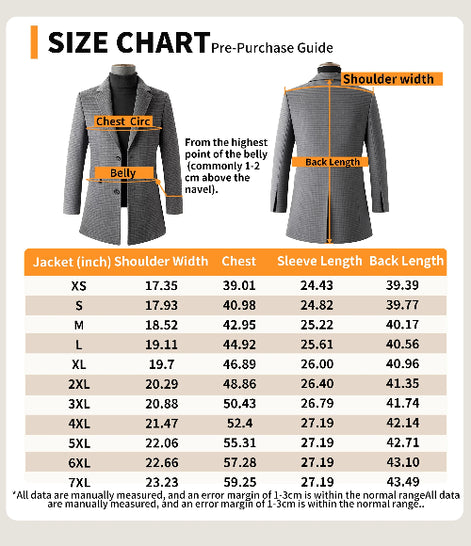 A size chart and pre-purchase guide for a women's blazer, showing a front and back view of the jacket with labeled measurements and a table of measurements by size from XS to 7XL.