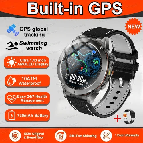Smartwatch with built-in GPS features on a promotional background