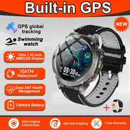 Smartwatch with built-in GPS features on a promotional background