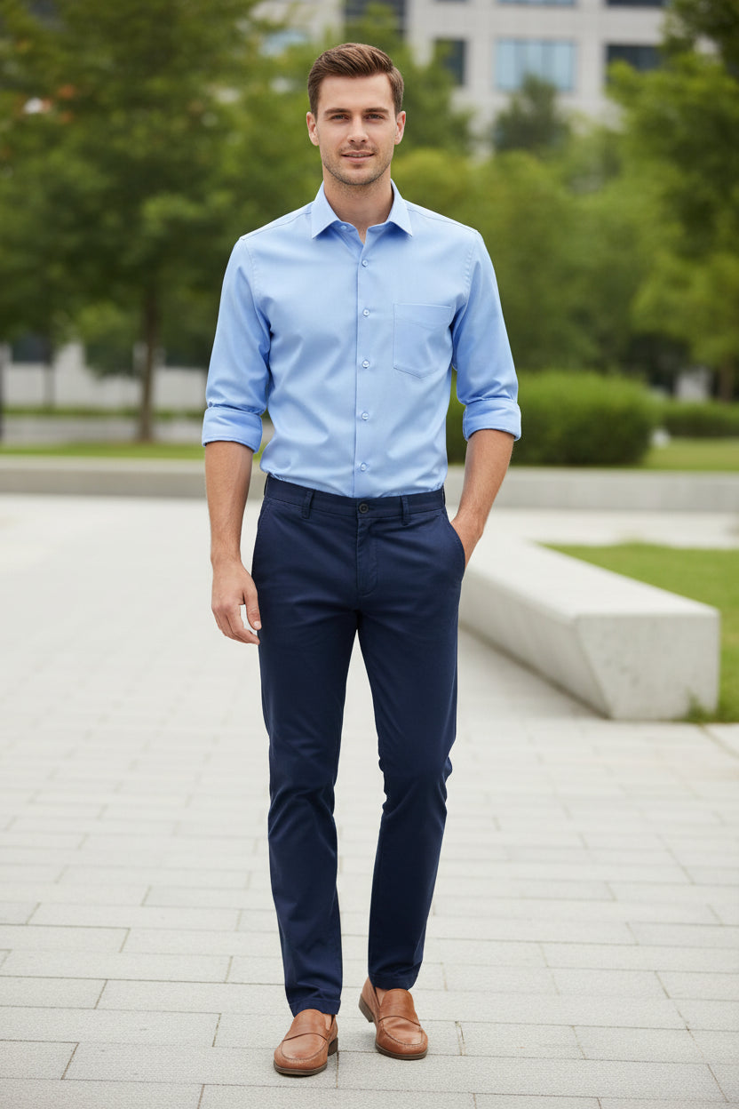 Light blue dress shirt with a collar and pocket on a white background