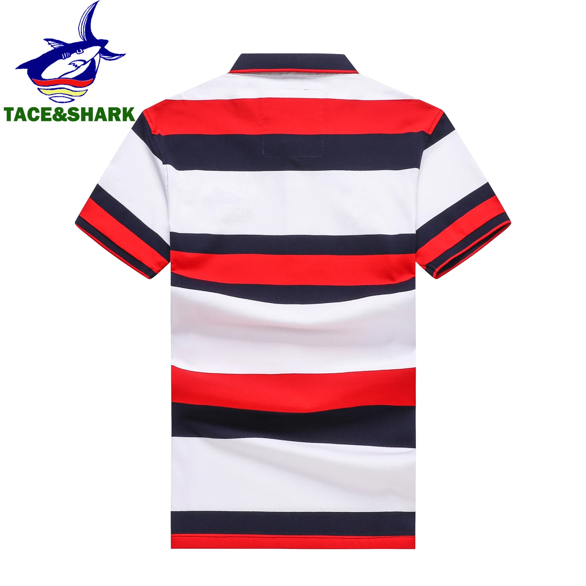 A short-sleeve polo shirt with horizontal stripes in white, red, and navy blue, shown from the back. The TACE&SHARK brand logo is visible in the top-left corner on a plain white background.