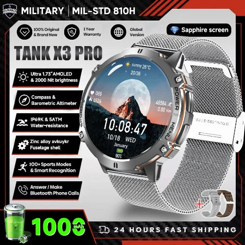 Smartwatch with features highlighted on a promotional graphic