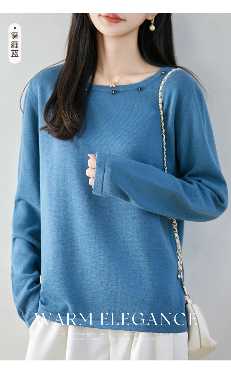 High end fashion 100% pure cotton women's sweater casual knitted round neck pullover autumn and winter solid color women's top