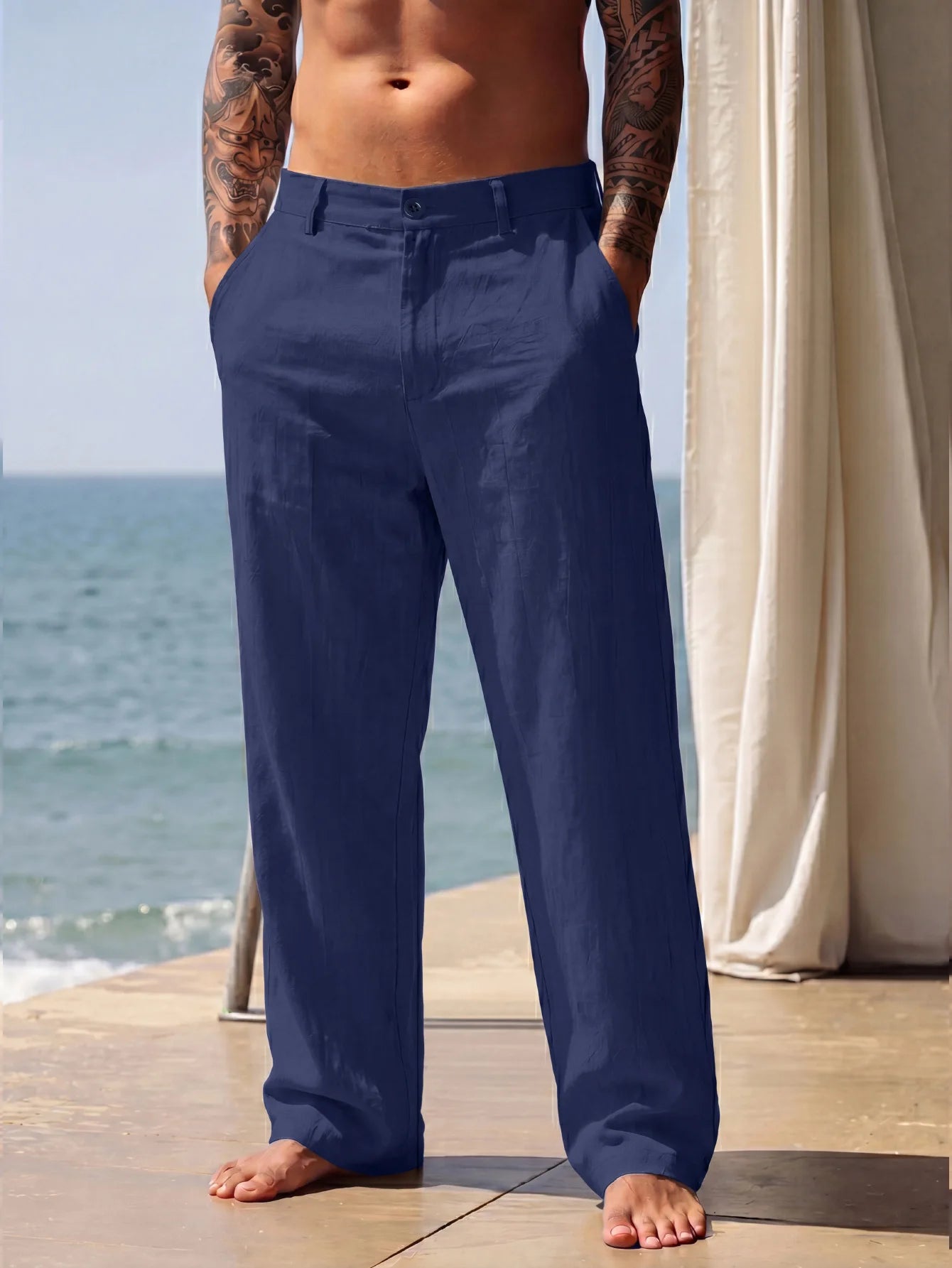 2026 New Amazon European and American men's linen solid color casual suit pants new fashion beach wide-leg trousers