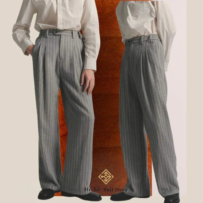 Men's Striped Dress Pants Old Money Wide Leg Baggy Pleated Casual Pinstriped Trousers Loose Fit Elastic Waist Vintage Slacks
