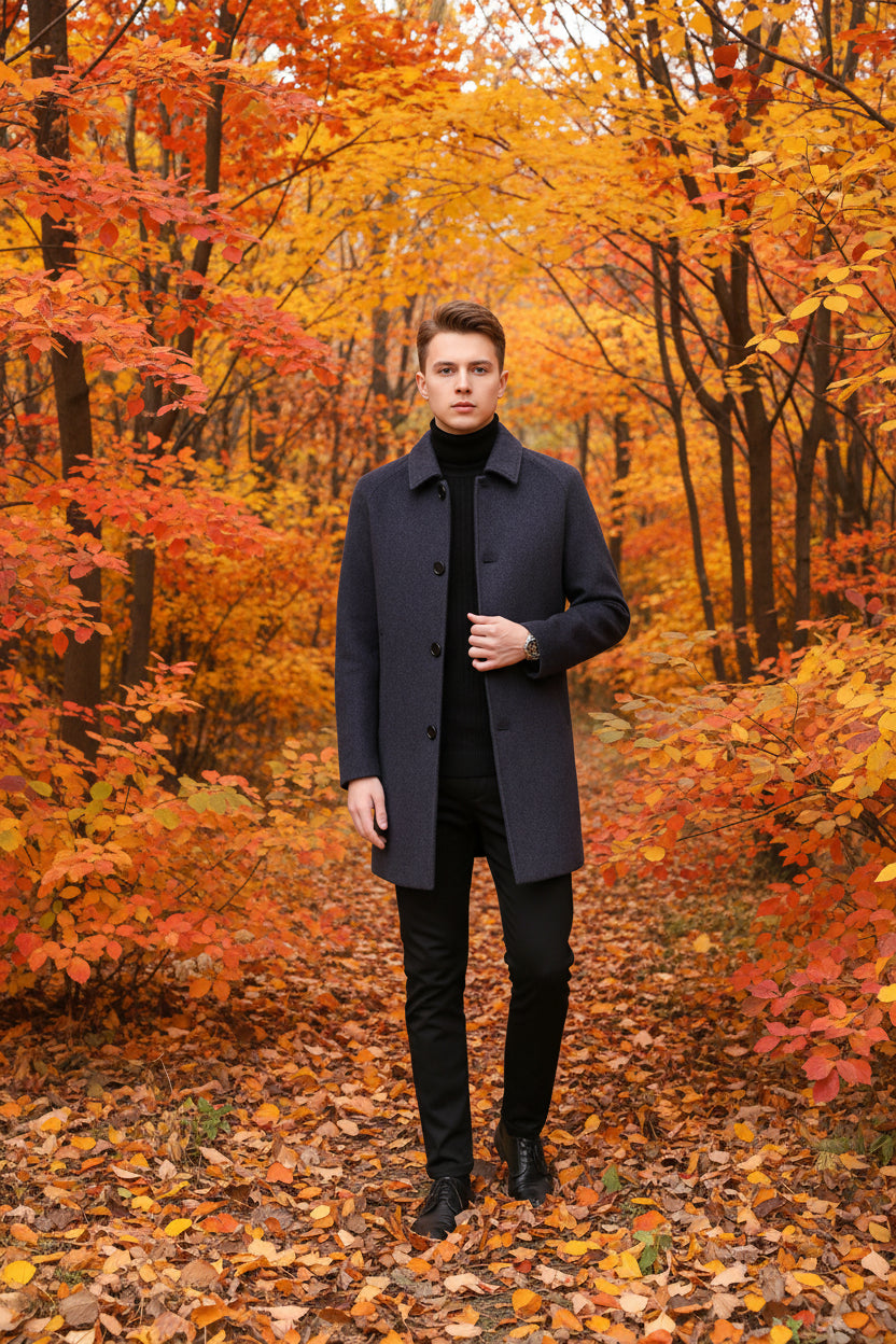 A man wearing a dark slate blue wool-blend coat over a black turtleneck sweater and black pants, standing in a modern living room setting.