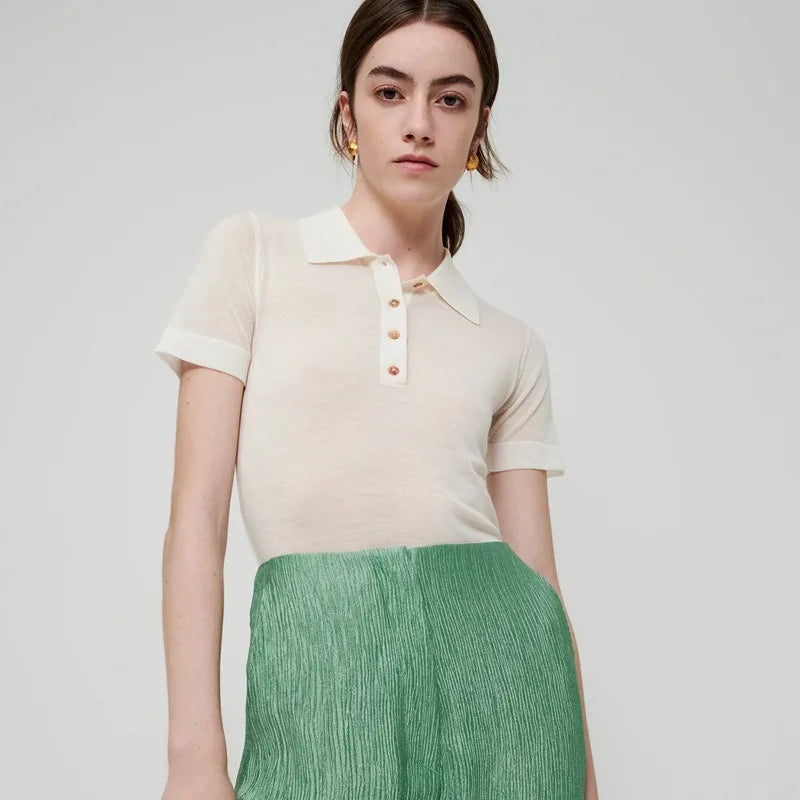 Jenny&Dave 2024 Summer Commuting Versatile Shirt Short POLO Tshirts Knitted Sleeved Top Women 2024 Merino Wool Casual Top