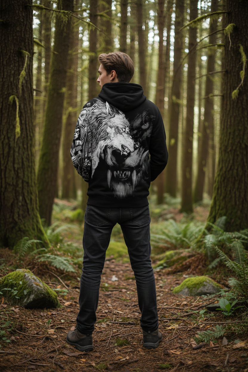 Black hoodie with a graphic of a wolf's face and a woman's face on a white background