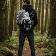 Black hoodie with a graphic of a wolf's face and a woman's face on a white background