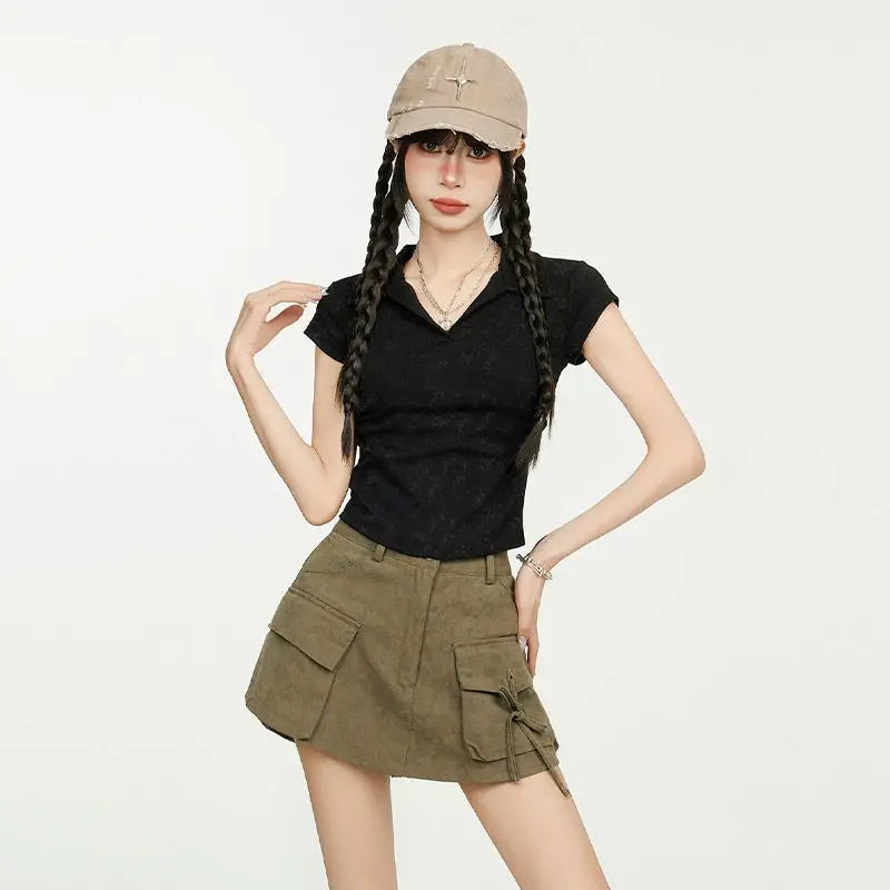 Women American V Neck Polo Collar Tie Dye T Shirt Summer Short Sleeve Slim Waist Cropped Casual Top