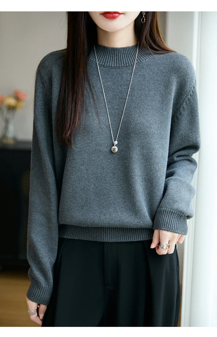100% Pure Cotton Women's Knitted Sweater Solid Color Round Neck Pullover Loose Cotton Sweater Autumn and Winter New Women's Top