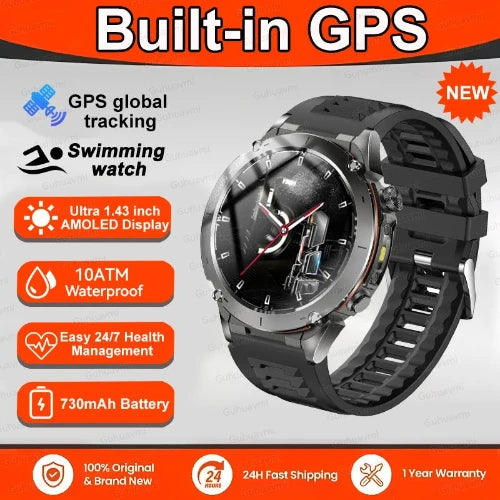 Smartwatch with built-in GPS features on a promotional background