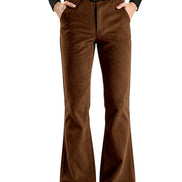A pair of brown flared pants with a suede-like finish, styled with a black belt and black shirt on a white background.
